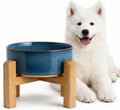 hjn Elevated Ceramic Dog Bowl with Bamboo Stand, Raised Pet Feeding Station for Small Medium Dogs Cats, Modern Design with Anti-Slip Base (Deep Blue, 3.6Cup)