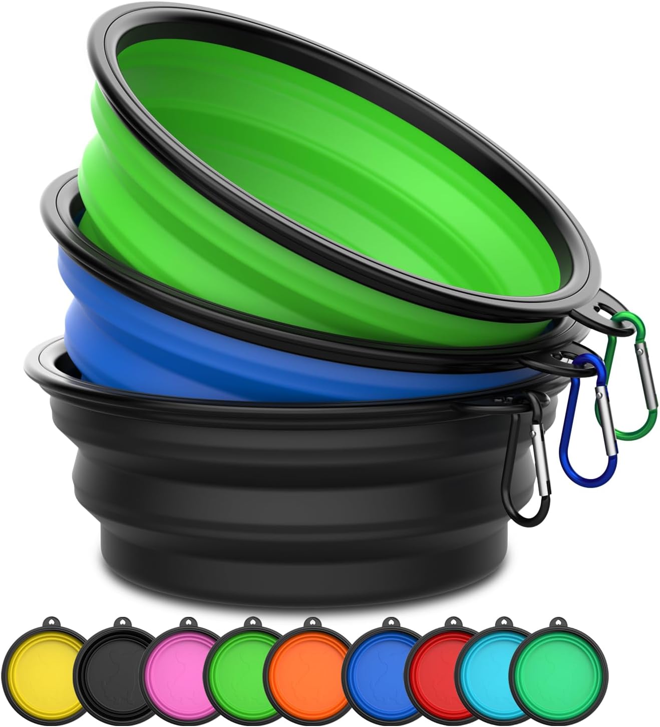 Collapsible Dog Bowls [3 Pack] 34 oz, Travel Dog Bowls, Pet Bowl Portable Foldable Water Food Feeding Dishes with Carabiner Clip for Traveling Hiking Walking-Black & Green & Blue