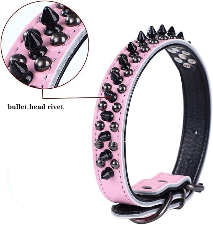 Spiked Studded Dog Collar, Genuine Leather Dog Collar, Adjustable Pet Collars for Medium Large Bulldog Pitbull Mastiff Poodle Boxer (M:29-38cm, Black)