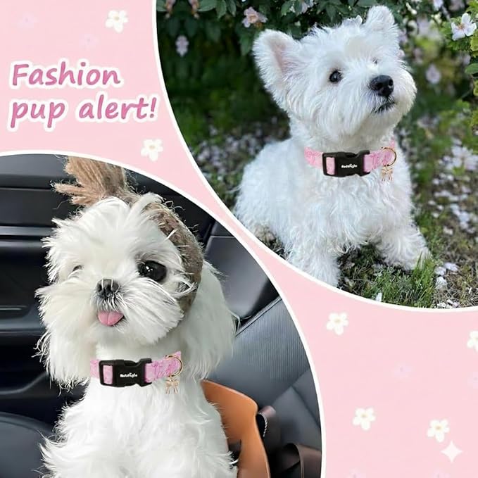 Extra Small Dog Collar, Girl Boy Dog Collars with Bow Pattern, Adjustable Cotton Pink Dog Collar for Puppy, Cute Holiday Collars for Dogs, Ideal for Gifts,Pet Accessory,Daily Walk-XS