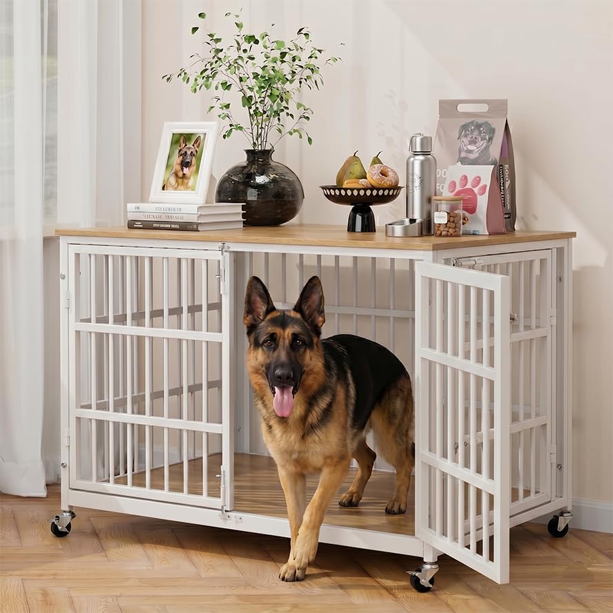 KOKOTANGS 42" Dog Crate Furniture, Heavy Duty Dog Kennel Indoor for Large Dogs, Escape-Proof and Chew-Proof Wooden Dog Cage for high Anxiety Dog, Decorate House as TV Stand, End Table, White