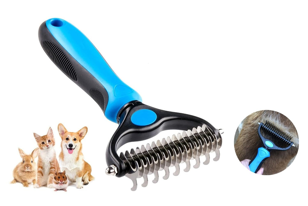Pet Grooming Brush & Nail Clippers Trimmers - Double Sided Shedding and Dematting Undercoat Rake Comb for Dogs and Cats - Safe Dematting Comb for Easy Mats & Tangles Removing (Blue), Large