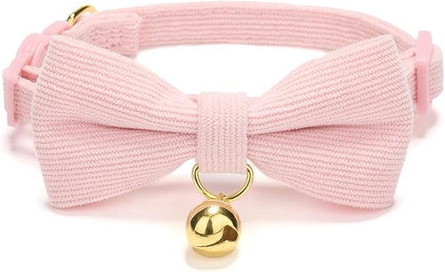 2 Pack Soft Corduroy Cat Collars with Bow Tie & Bell, Adjustable Breakaway Cotton Kitty Bowtie Collar for Girl Boy Kitten (Pink & Blue)