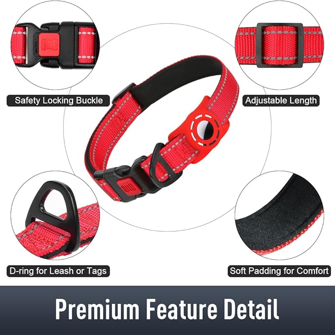 Airtag Dog Collar with AirTag Holder for Medium Dogs, Reflective, Soft Padded & Safety Locking Buckle, Nylon Pet Collars Adjustable for All Breeds, Red,M