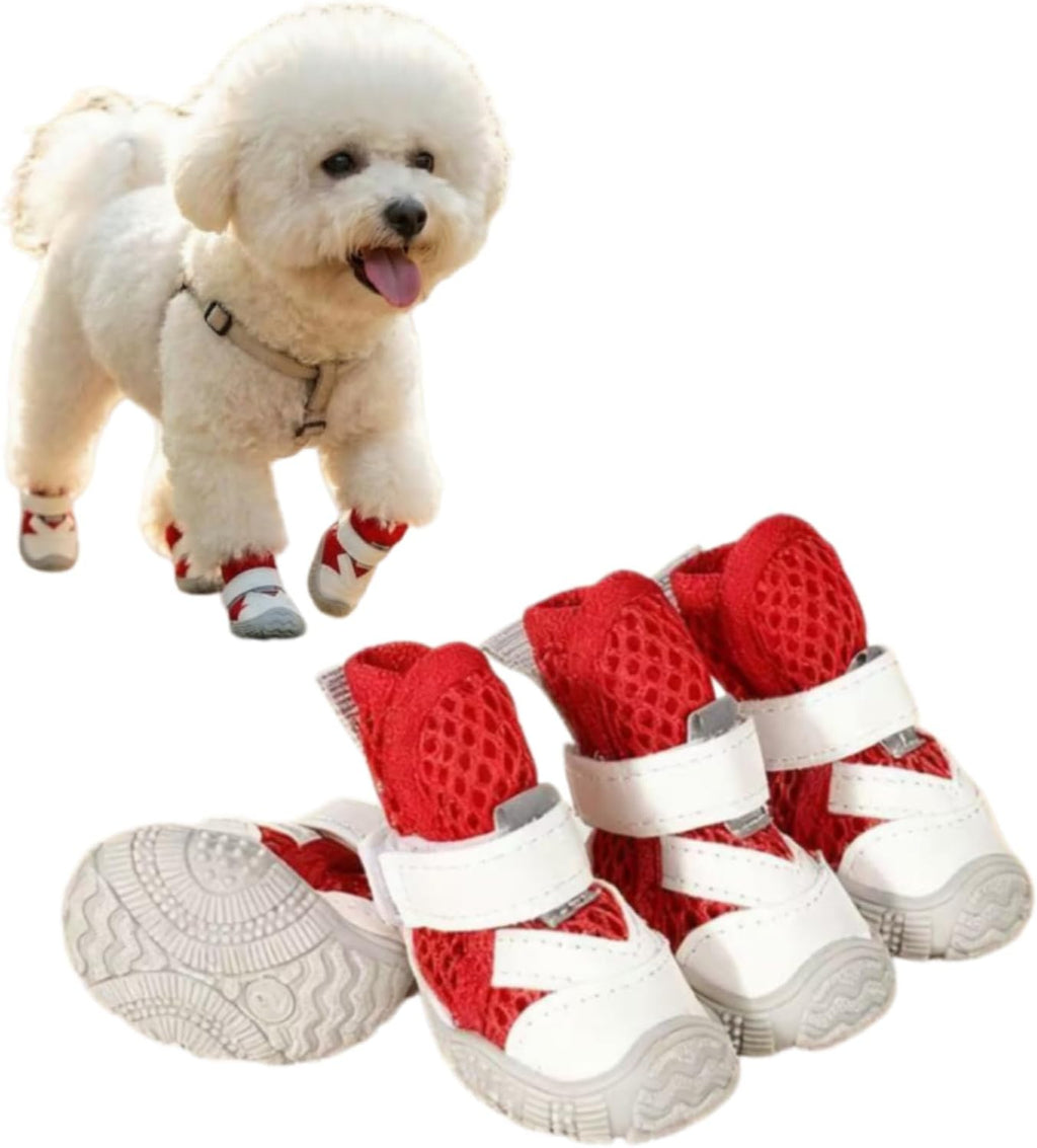 Dog Shoes for Small Dogs, Hot Pavement Summer Puppy Dog Boots & Paw Protectors with Soft Anti-Slip Rubber Sole, Mesh Breathable Dog Booties for Hardfloors, Walking Running 4 Pack (red, 3)