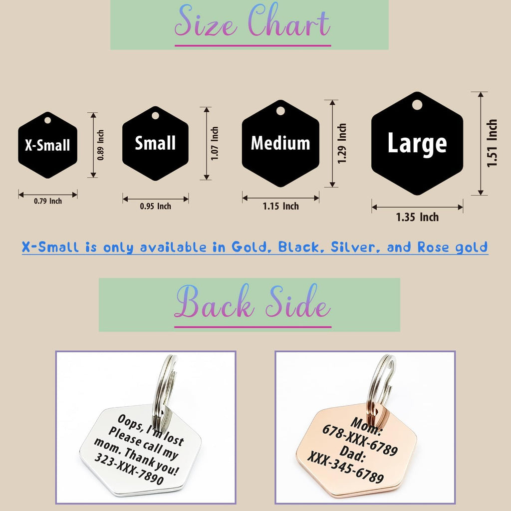 Personalized Pet ID Tags,Custom Stainless Steel Dog and Cat Tags (Hexagon) | Customizable Hexagon, Bone and Round Shapes, Multiple Designs with Mountain, Floral, and Night Sky Patterns,Laser engraving