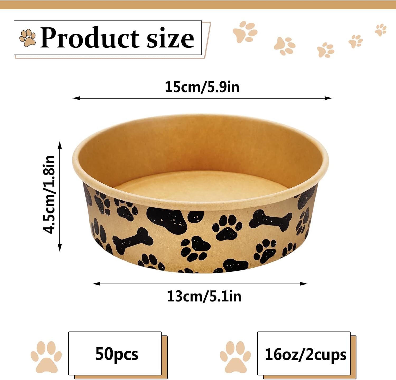 Whaline 50 Pcs Disposable Pet Bowls 16 Oz Kraft Paper Dog Cat Small Food Bowls with Paw Print Design for Travel Camping Picnic Wet Dry Food and Water