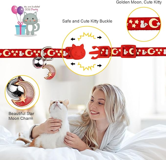 2PCS Breakaway Cat Collars with Bell Cute Kitty Glow in The Dark Adjustable Kitten Collars 7.9-13.0 Inch(Red&Purple)