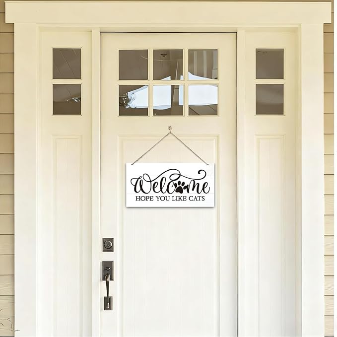 Welcome Sign for Front Door, Welcome Decor Wooden Hanging Sign for Cats Lover, Hope You Like Cat, Rustic Funny Wooden Outdoor Front Door Hanging Decoration 13.8X6.9 inches