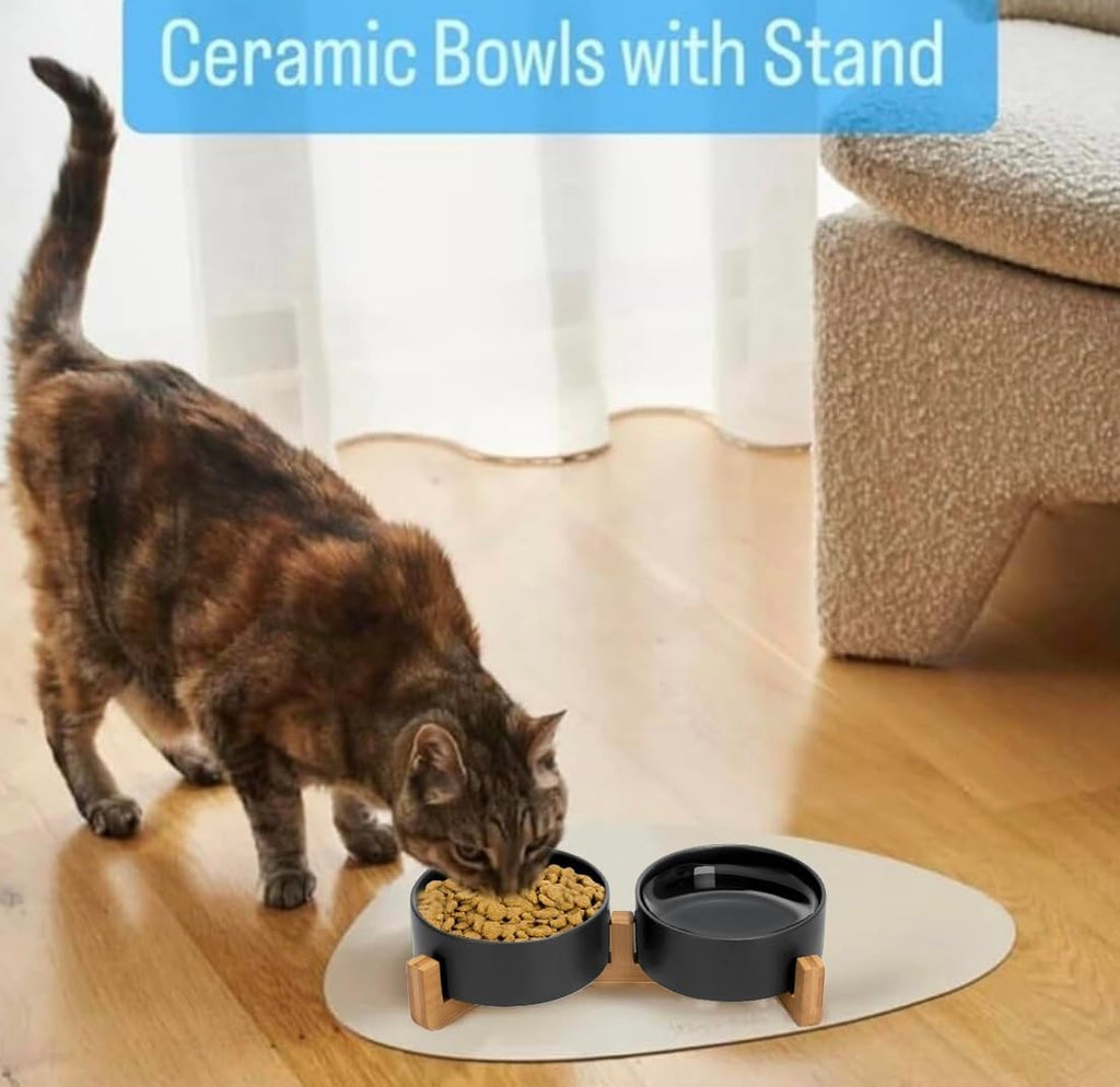 Ceramic Cat and Small Dog Bowl Set – Modern Indoor Small Size Pet Food and Water Bowls with Wood Stand – Non Slip Puppy Sized Feeding Station with Double Dishes (Black)