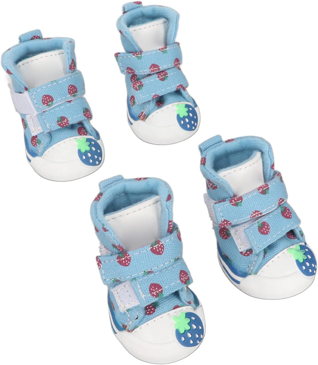 TITA-DONG Small Dog Shoes, Breathable Dog Boots for Summer Hot Pavement, Cute Strawberry Comfortable Slip Resistant Canvas Puppy Boots Paw Protectors for Small Medium Large Dogs Blue(Type 2)