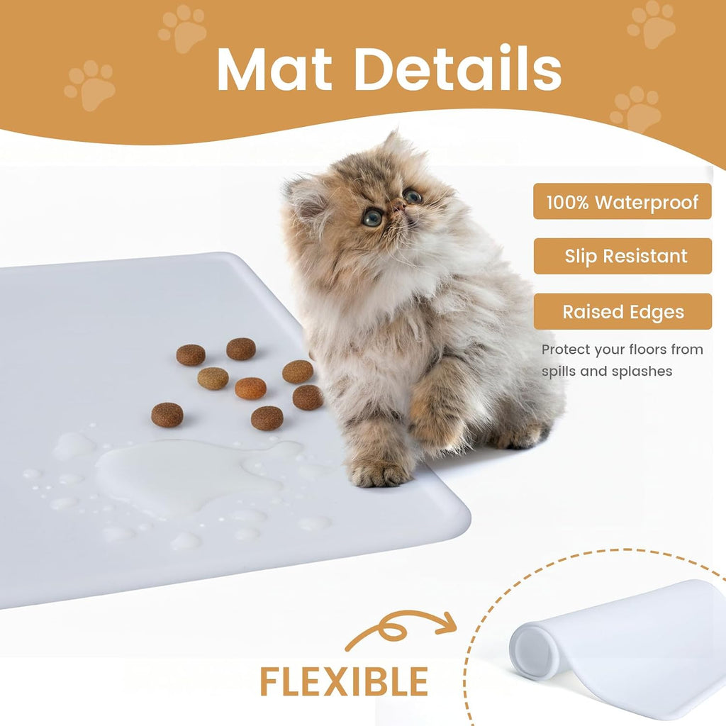 2 in 1 Elevated Dog Cat Bowls, 15°Tilted Pets Water and Food Bowl Set, Pet Feeding Bowls with Automatic Water Bottle and Feeding Mat for Kittens and Small Dogs, White