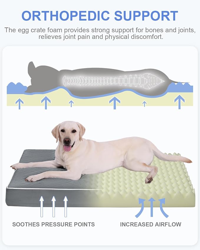 KSIIA Large Dog Bed for Crate Pad Waterproof Dog Bed with Removable Washable Cover, Egg Crate Foam and Non-Slip Bottom, 35x22 Inch, Dark Gray