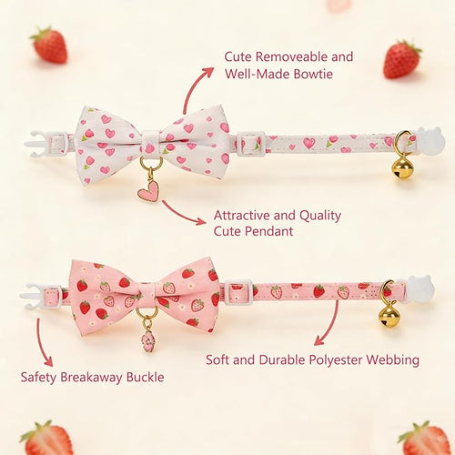 2 Pack Floral Cat Collars with Bow Tie and Bell Adjustable Breakaway Bowtie Cute Kitten Collar(White Heart & Pink Strawberry)