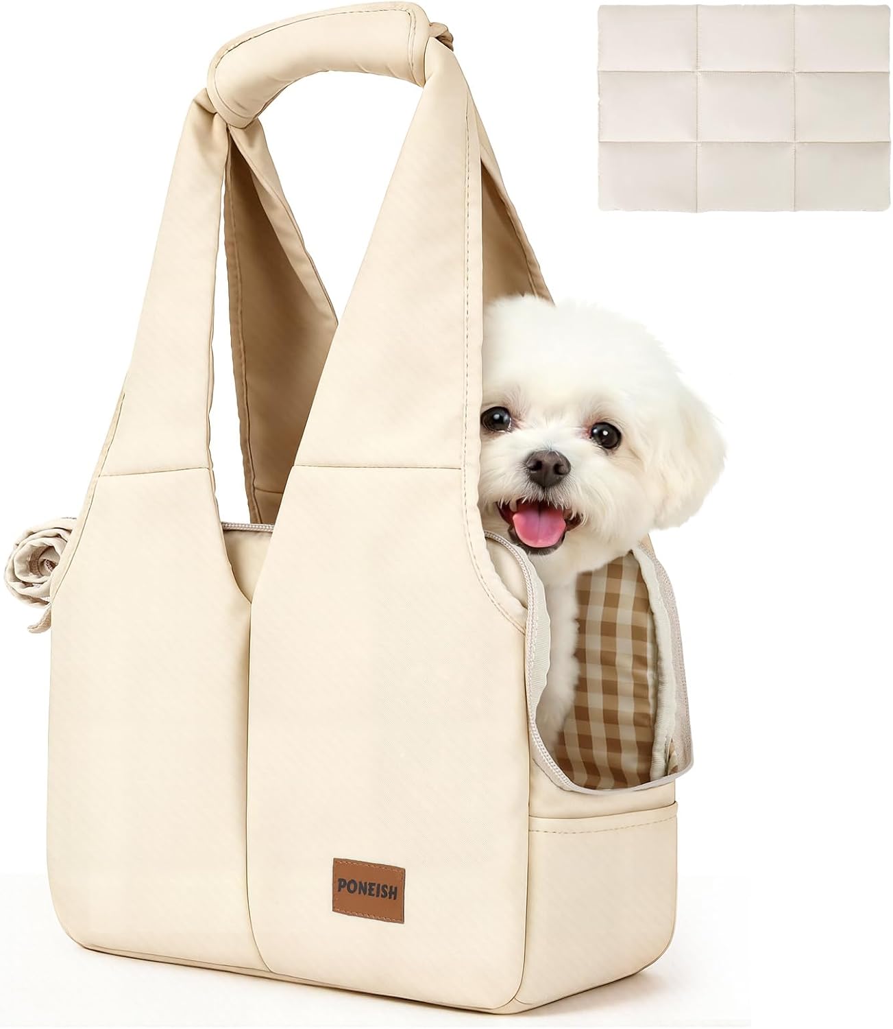 Dog Purse Carrier for Small Dogs and Cats, Soft-Sided Pet Tote Bag with 6 Large Pockets, Collapsible Travel Puppy Carrier with Small Cushion, Fits Pets up to 6 lbs (Beige, 13.6" L x 6.6" W x 10" H)