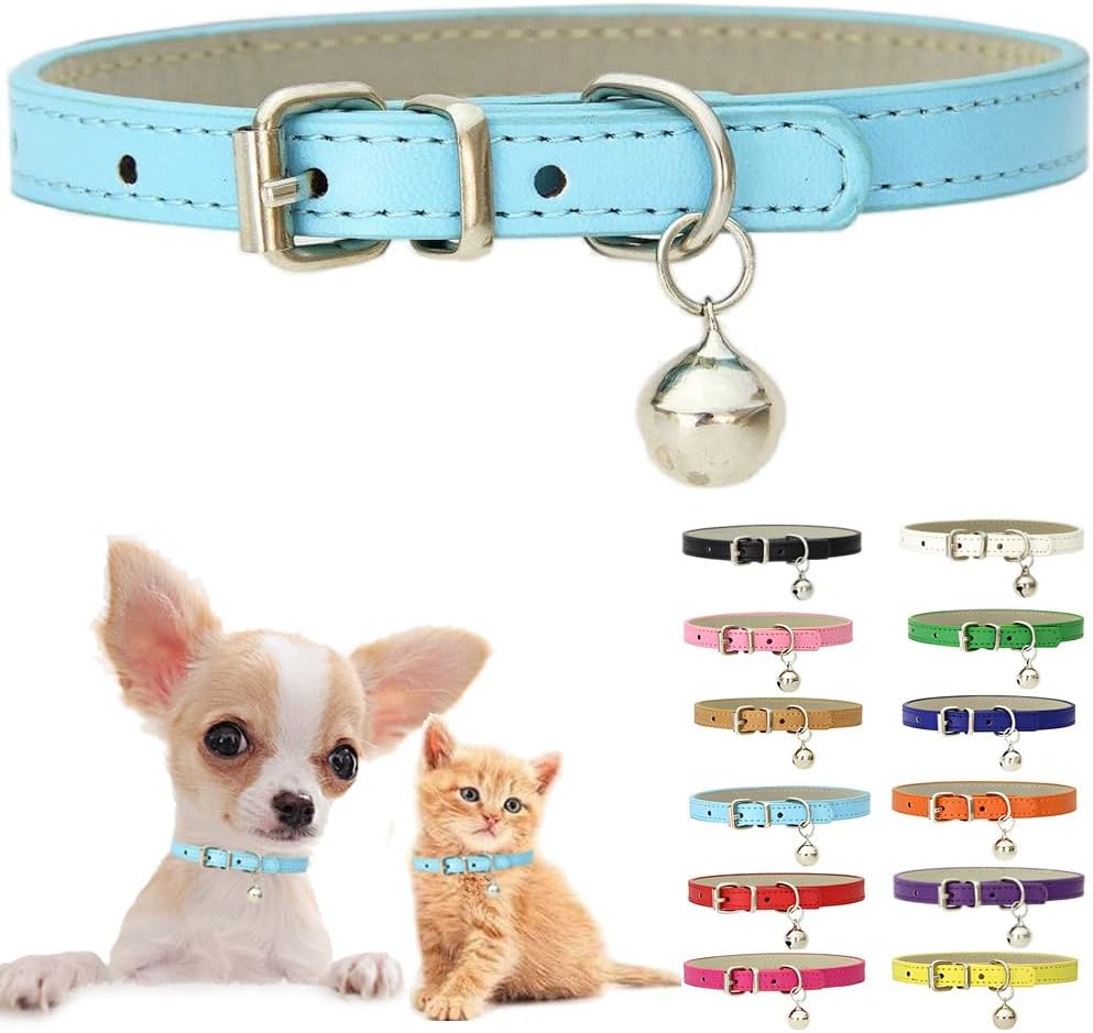 Blue Cat Collar with Bell, Leather Small Puppy Dog Collars Medium | Soft Leather Adjustable Buckle for XXS XS X-Small Medium Tiny Female Male Boys Girls Pets Dogs Kitten Teacup Yorkie Chihuahua