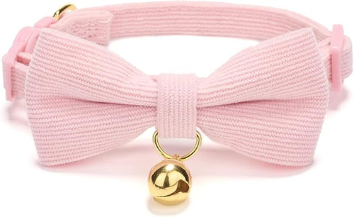 2 Pack Soft Corduroy Cat Collars with Bow Tie & Bell, Adjustable Breakaway Cotton Kitty Bowtie Collar for Female Male Cats(Grass Green & Pink)