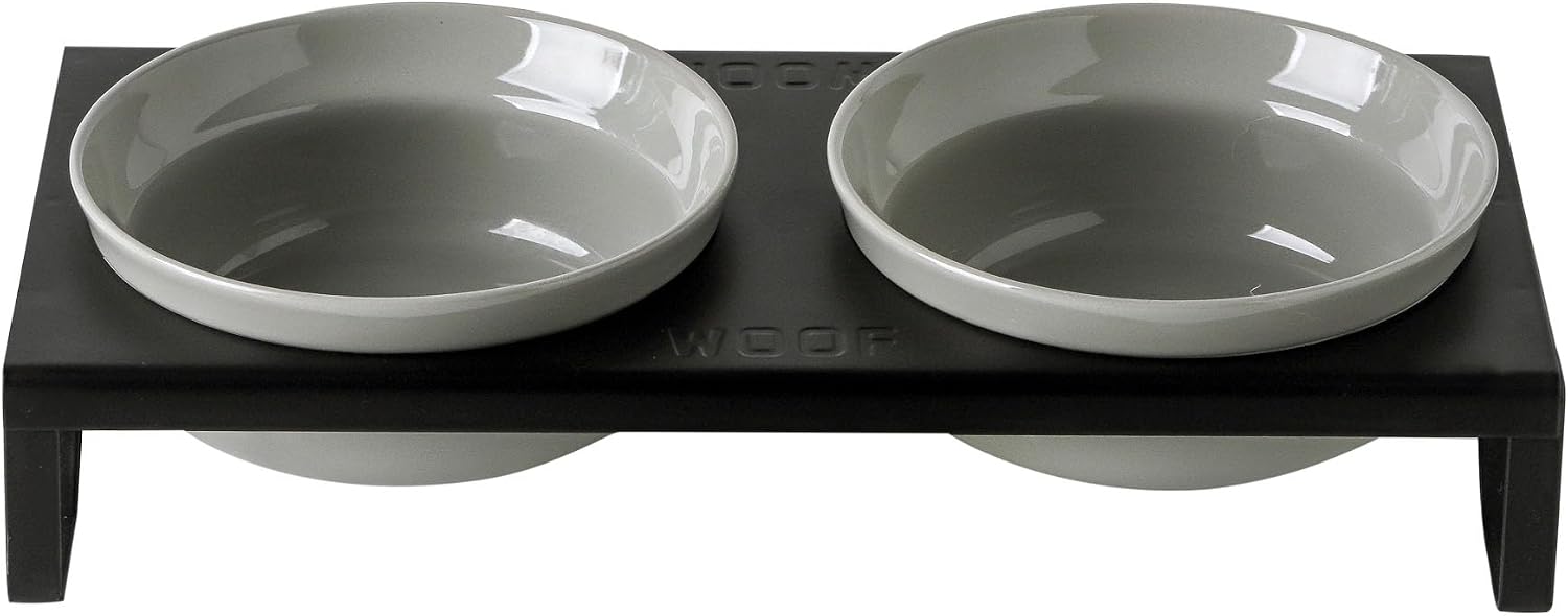 Ceramic Grey Dog Bowls Set - 5 inch Dog Food & Water Bowls, Elevated Feeding Bowls with Metal Stand for Small Size Dog,Puppy Bowl Set for Wet and Dry Food