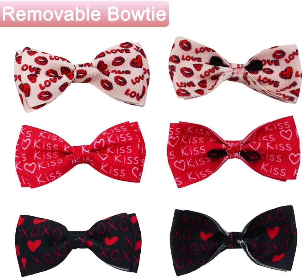 3PCS Valentines Day Cat Collar with Bow Tie and Bell Heart Love Red Lips Kiss XOXO Pattern for Small Medium Large Kitten Black Pink and Red