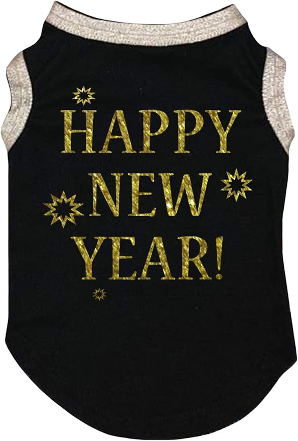 Petitebella Bling Happy New Year Puppy Dog Shirt (Black/Gold, Large)