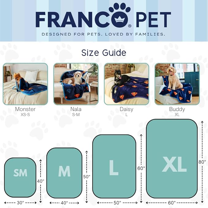 Franco Pet Superman DC Comics Super Soft Cozy Waterproof Sherpa-Backed Blanket Throw for Small Dogs, Couch/Bed/Car, 30x40 (Officially Licensed Product)