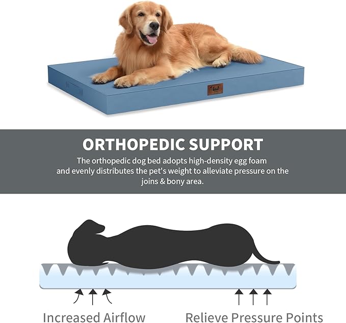 Outdoor Dog Bed for Small Dogs & Cats, Waterproof Dog Crate Mat Orthopedic Egg Crate Foam with Washable Removable Oxford Cover, Blue