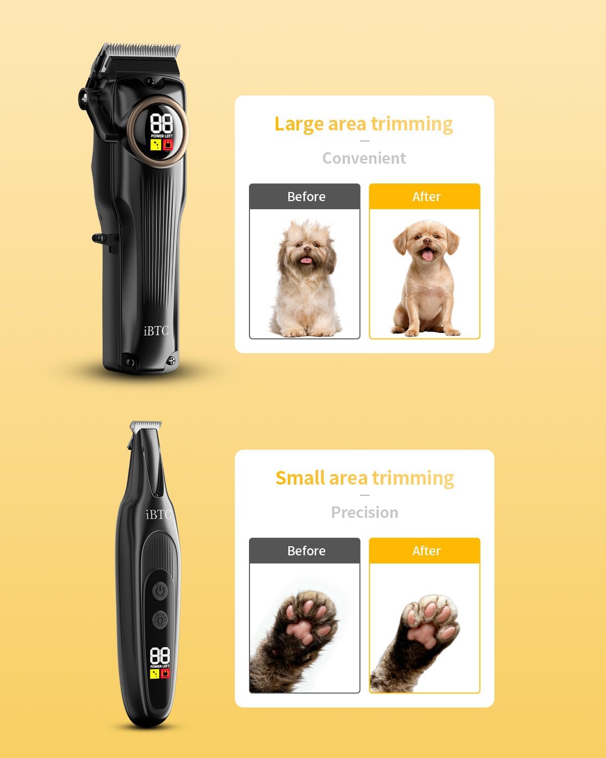iBTC Professional Dog Grooming Clippers Kit, Low Noise Cordless Rechargeable Pet Hair Trimmer with Paw Trimmer & Nail Grinder, Heavy Duty Grooming Tools for Thick Fur Small Medium Large Dogs Cats
