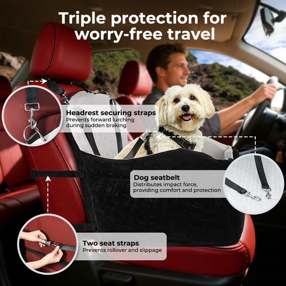 KYG Dog Car Seat for Small/Medium Dogs Under 35lbs | Waterproof, Non-Slip, Memory Foam, Harness, Removable Washable Cover, Storage Pockets, 2 Cushions (Warm/Cool)
