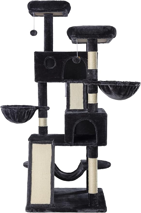 MUTICOR 66 Inches Multi-Level Large Cat Tree Tower for Indoor Big Feline/Cozy Plush Perches/Condo/Sisal Scratching Posts/Hammock and Baskets/Activity Center Play House/Wide Base/Dark Grey