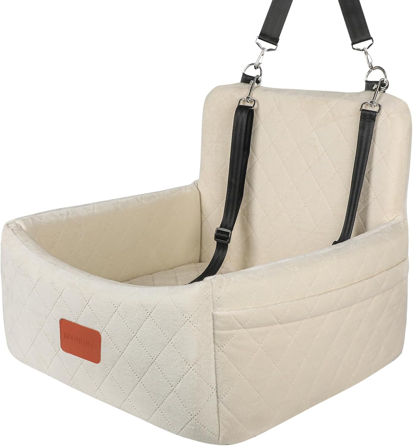 WOOAIDAGG Dog Car Seat for Under 30lbs Dogs,Comfy Febric Fill in Memory Foam,Washable and Detachable Pet Travel Car Bed,Anti-Slip Bottom,2 Safety Leashes & Storage Pockets(Beige)