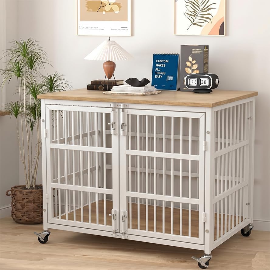 KOKOTANGS 42" Dog Crate Furniture, Heavy Duty Dog Kennel Indoor for Large Dogs, Escape-Proof and Chew-Proof Wooden Dog Cage for high Anxiety Dog, Decorate House as TV Stand, End Table, White
