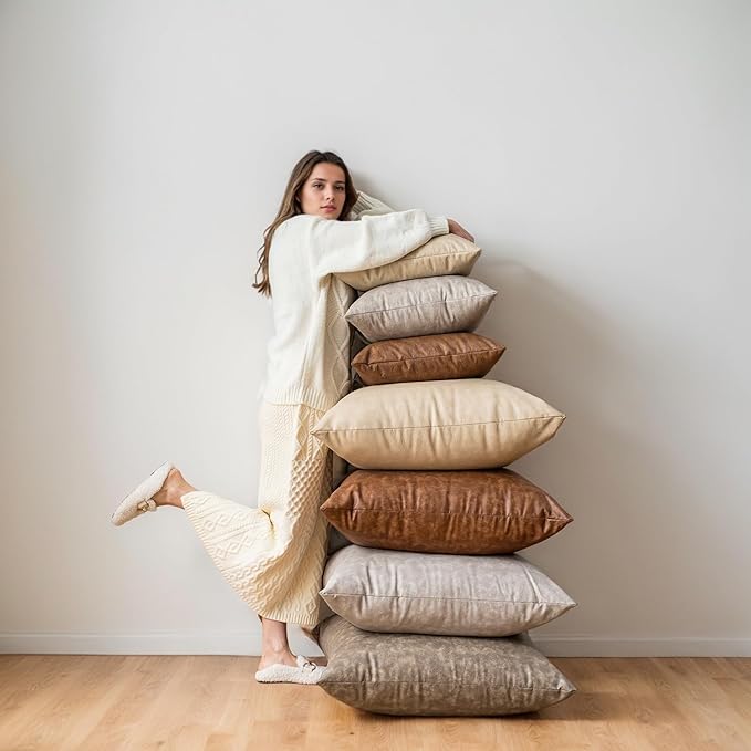 Oversized Vintage Decorative Pillow Covers 28x28, Pack of 2 Thickened Abrasion Farmhouse Faux Leather Cushion Cover, for Home Decor Outdoor Pet Hair Resistant Throw Pillow Covers Olive Green