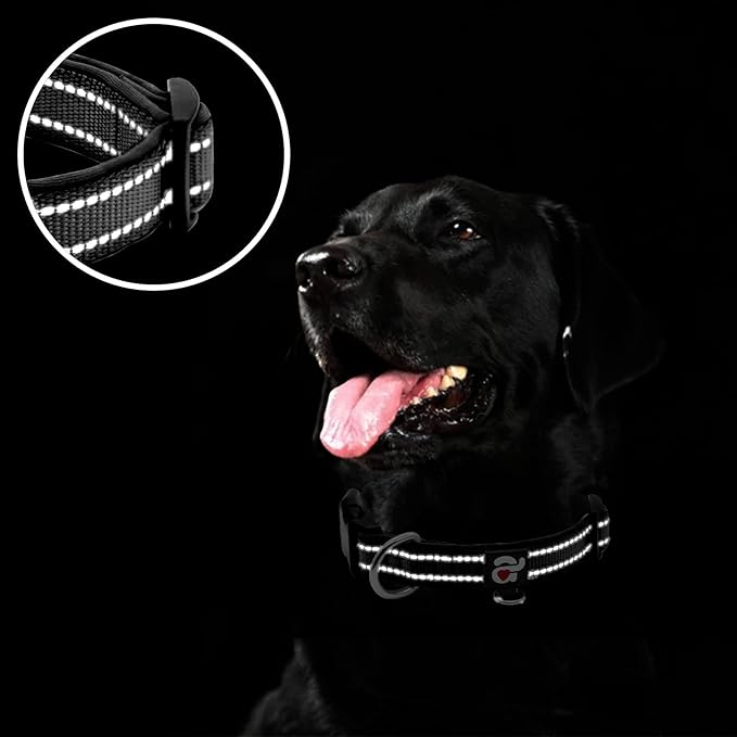 azuza Reflective Dog Collar,Soft Neoprene Padded Pet Collar with ID Tag Ring,Adjustable for Puppy and Small Dogs,Black,XS