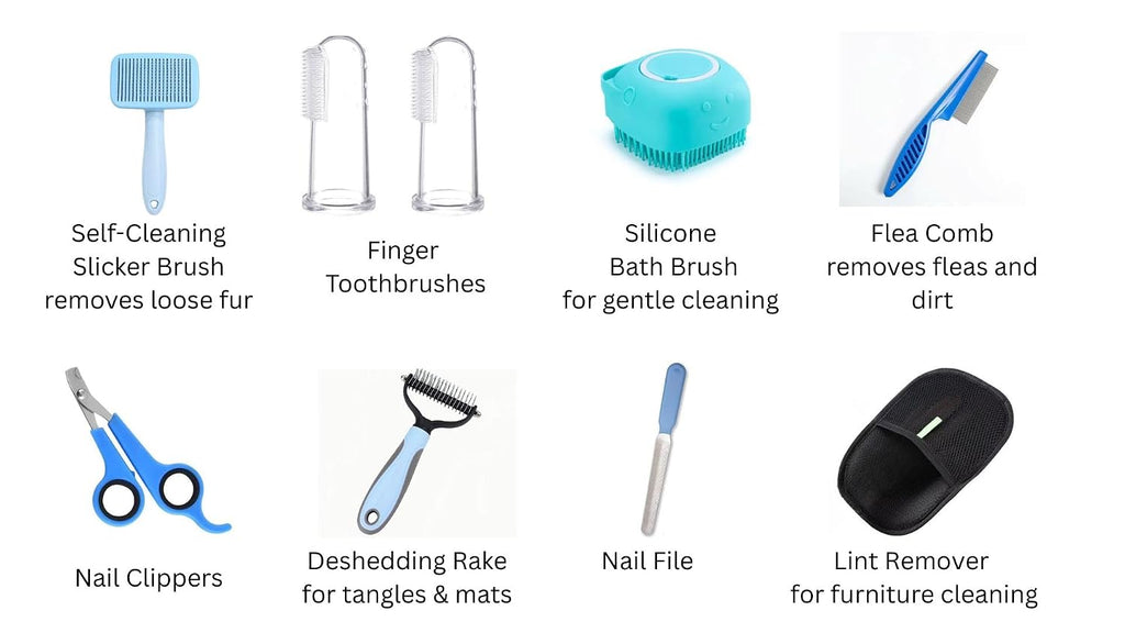 9-in-1 Pet Grooming Kit, Self-Cleaning Slicker Brush, Deshedding Rake, Lint Remover, Nail Clipper & More, Complete Cats & Dog Care Set.