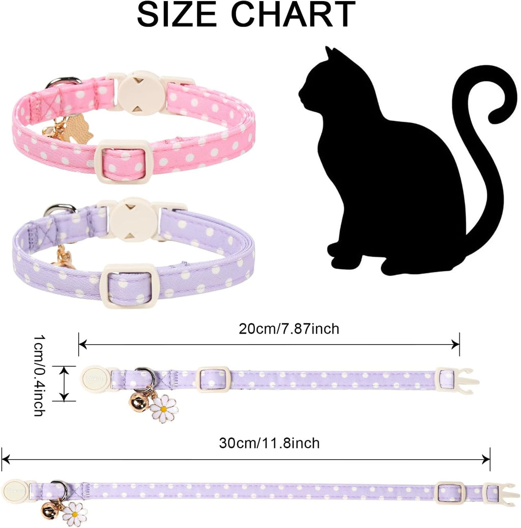 2 Pack Pink Purple Polka Cat Collars Breakaway with Bell, DOGWONG Safety Buckle Cat Collar for Girl Boy Cats and Small Dogs，Adjustable 7-12 Inch,Pet Supplies Accessories