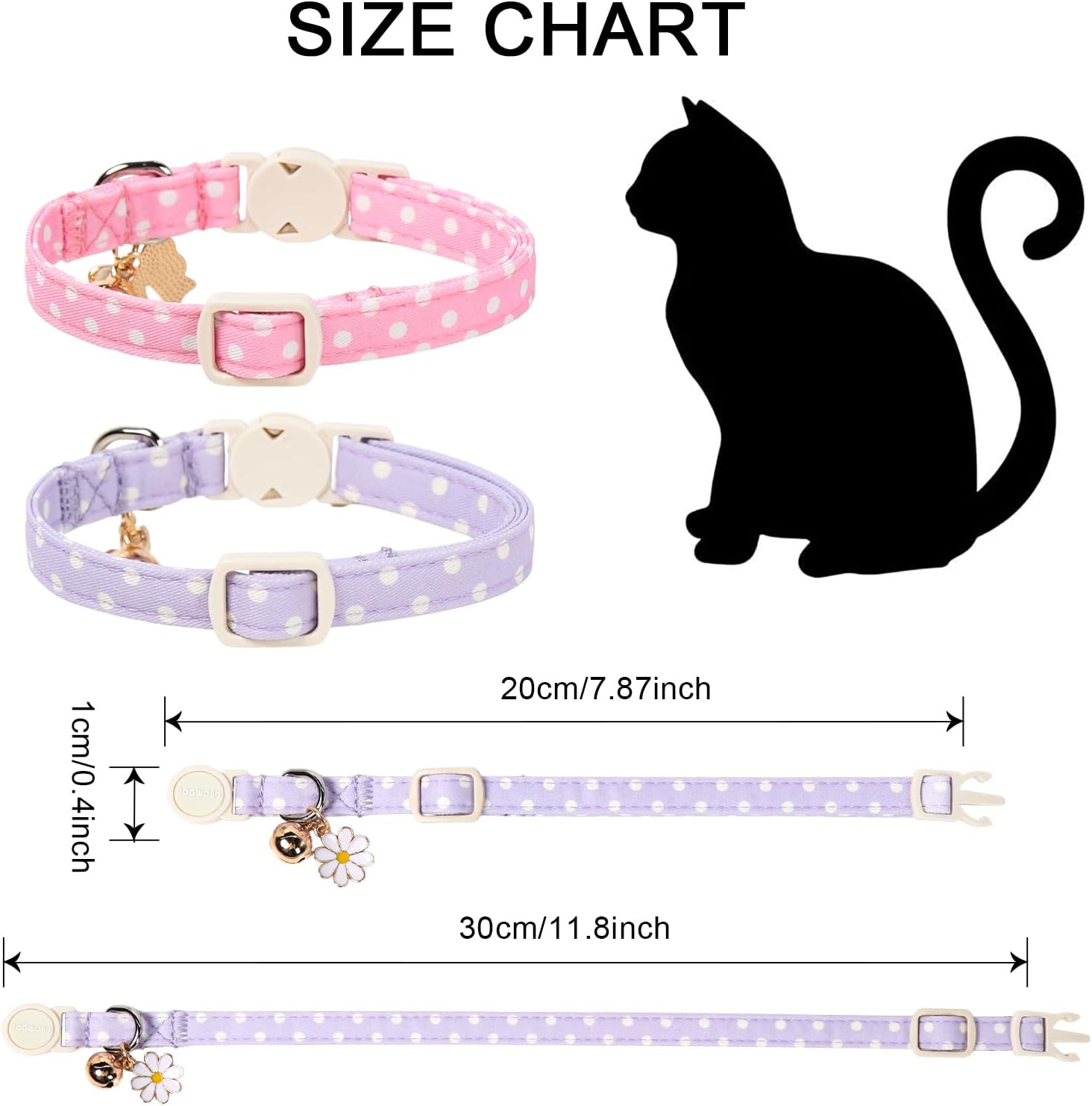 2 Pack Pink Purple Polka Cat Collars Breakaway with Bell, DOGWONG Safety Buckle Cat Collar for Girl Boy Cats and Small Dogs，Adjustable 7-12 Inch,Pet Supplies Accessories