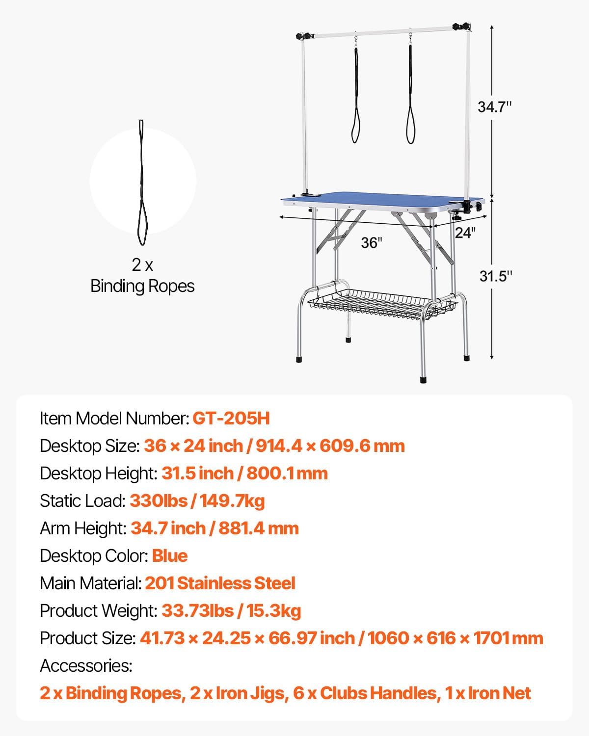 VEVOR Pet Grooming Table, 36 x 24 Inch with 2 Height Adjustable Arms, 330LBS Static Weight Capacity, Foldable Dog Groom Station with No-Sit Haunch Holder with Grooming Loop, for Medium and Small Dogs