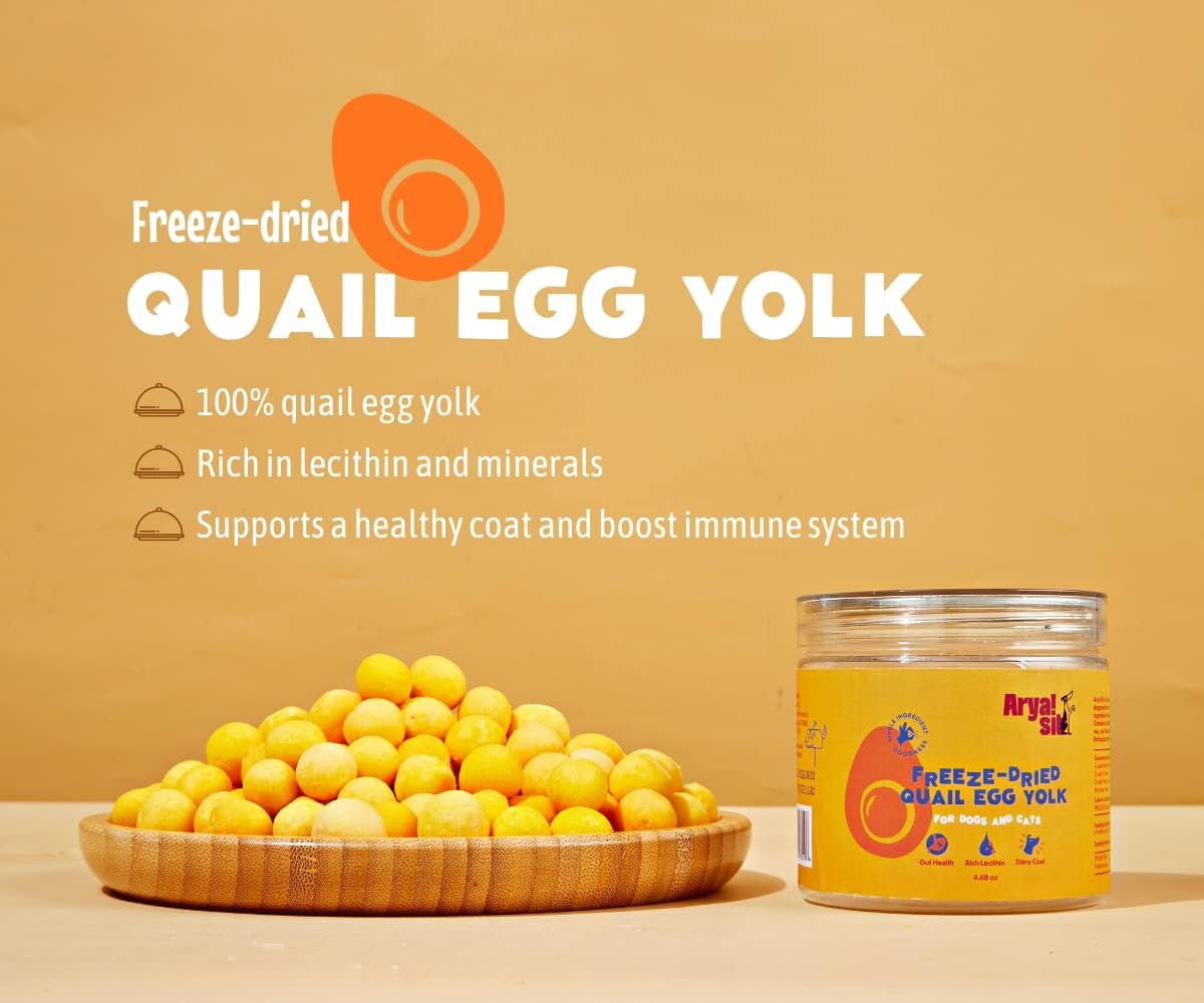 Arya Sit! - Freeze-Dried Single Ingredient Treat (Quail Egg Yolk) for Dogs and Cats - High Protein · Rich in Lecithin for Healthy Coat · No Artificial Ingredients · 4 oz/8 oz