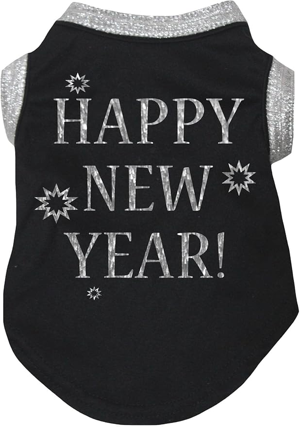 Petitebella Bling Happy New Year Puppy Dog Shirt (Black/Sliver, XX-Large)