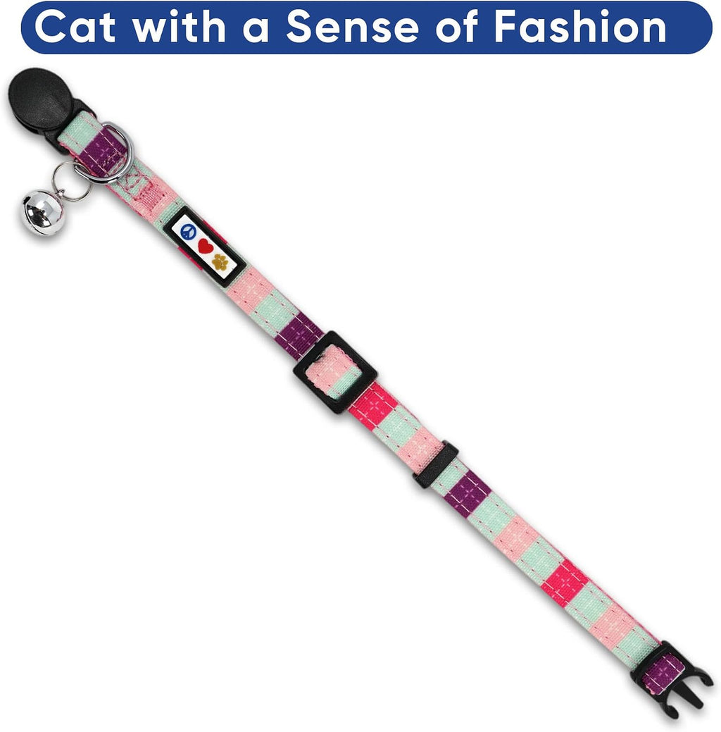 Pawtitas Pet Multicolor Cat Collar Teal/Pink/Purple with Safety Buckle and Removable Bell for Cats and Kittens