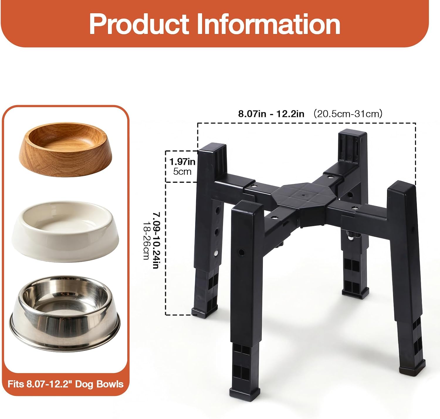 Marchul Dog Bowl Stand Adjustable Height and Width[Stand Only] – Please Measure Your Bowl Rim (Fits 8"-12.2"), Elevated Dog Bowls for Medium & Large Dogs, Anti-Slip Base Stable Raised Feeder