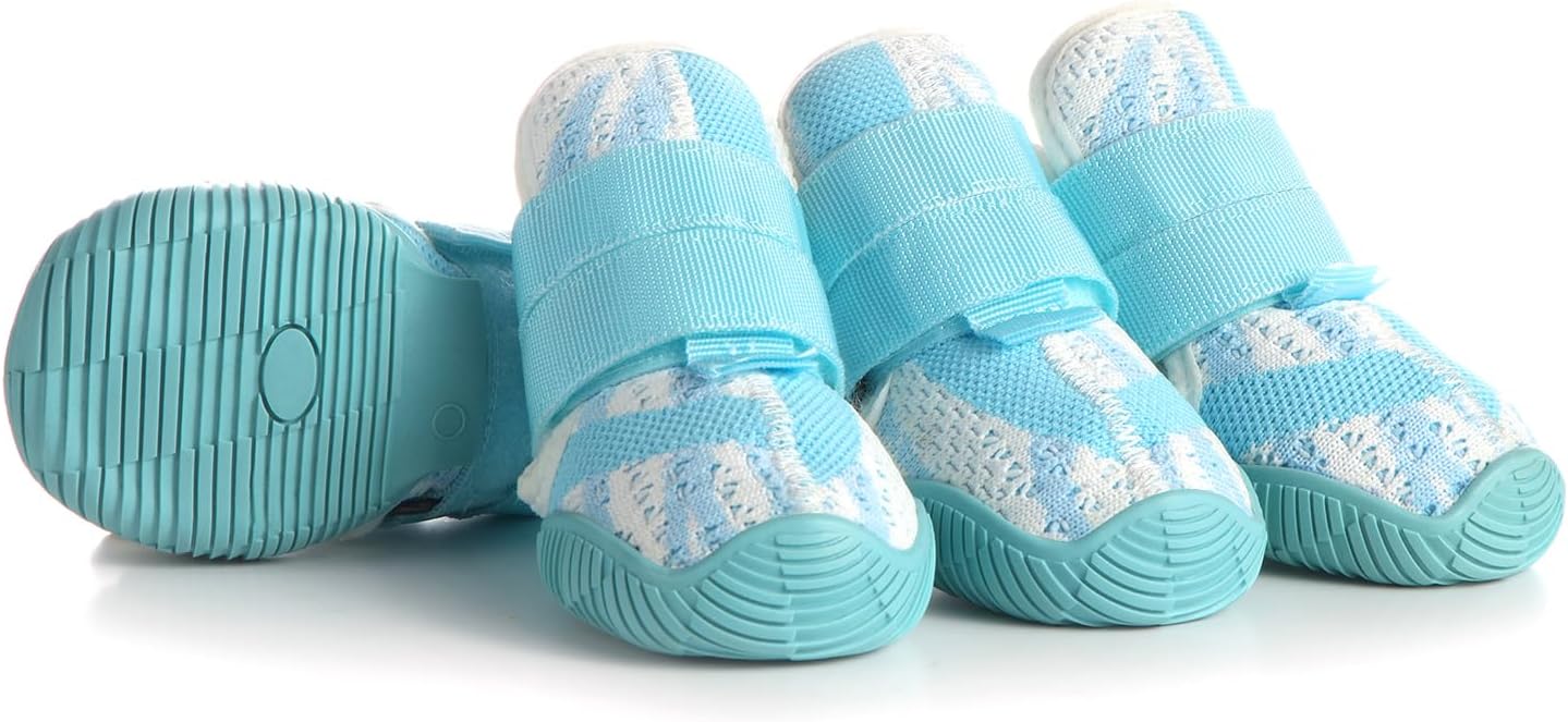 Dog Shoes for Medium Dogs, Outdoor Dog Boots & Paw Protectors for Hot Pavement, Winter Snow Hiking, Breathable Dog Booties, Indoor Hardfloors Anti Slip Sole Blue Size 4