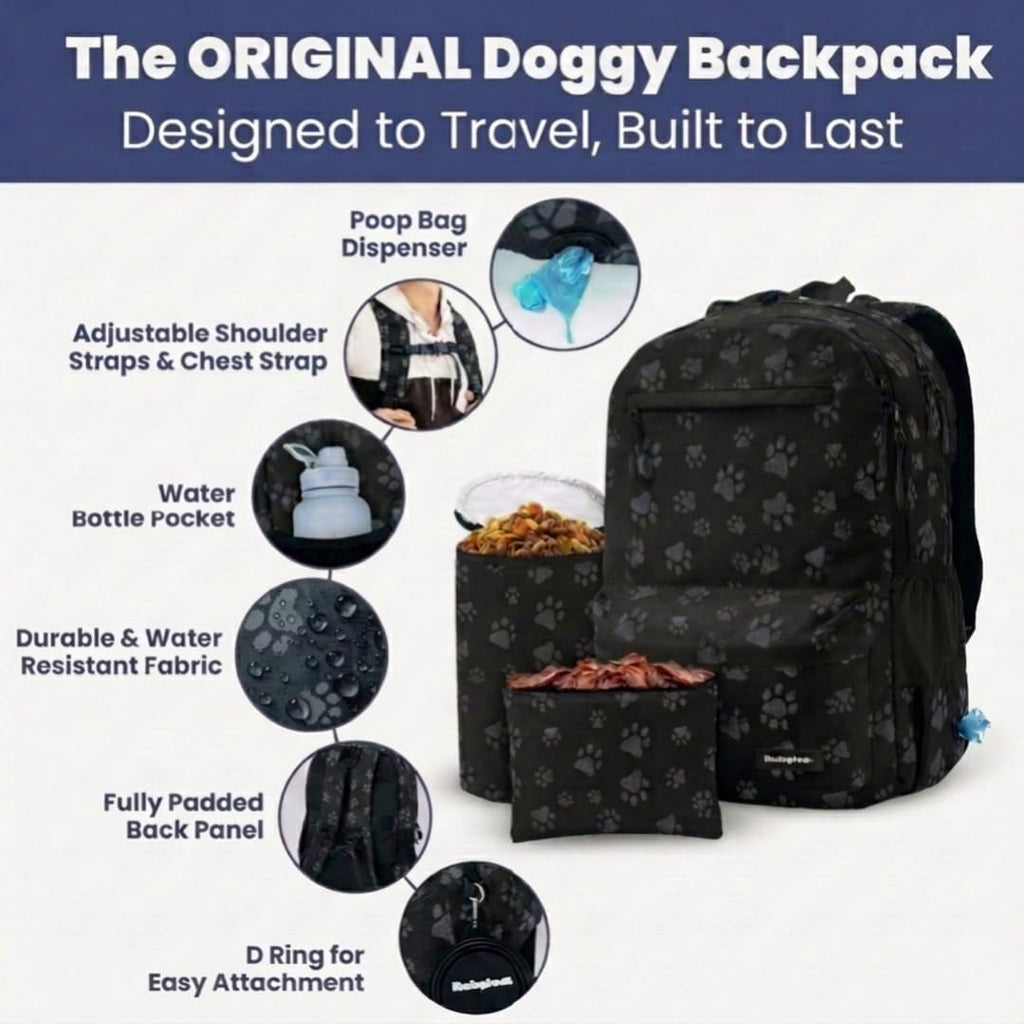 Dog Travel Backpack for Supplies - Dog Diaper Bag with Travel Bowls | 2 BPA-Free Bowls; Food Container & Treat Pouch; Placemat; Laptop Sleeve; Poop Bag Dispenser, Hiking, Camping & Road Trips,