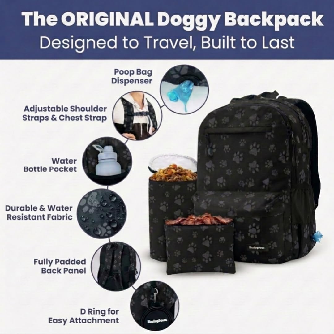 Dog Travel Backpack for Supplies - Dog Diaper Bag with Travel Bowls | 2 BPA-Free Bowls; Food Container & Treat Pouch; Placemat; Laptop Sleeve; Poop Bag Dispenser, Hiking, Camping & Road Trips,