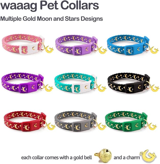 WAAAG Cat Collars, Gold Moons and Stars Cat Collar, Safety Breakaway Cat Collar, Glow in The Dark (Standard 9"-15" Neck, Aqua)