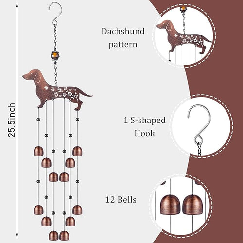 24 Inch Metal Wind Chimes Decor for Outside Garden Birthday Gift for Women Men Bronze Windchimes Pet Memorial Gift with 12 Bell for Patio Yard Lawn Housewarming Front Yard(Dachshund Dog)