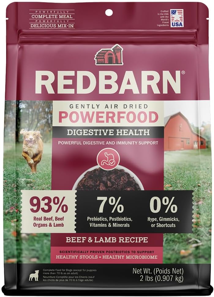Redbarn Powerfood Air Dried Dog Food 2 lbs High Protein Beef and Lamb with Prebiotics Postbiotics for Digestive Health Wholesome Pet Food Complete Meal Made in USA
