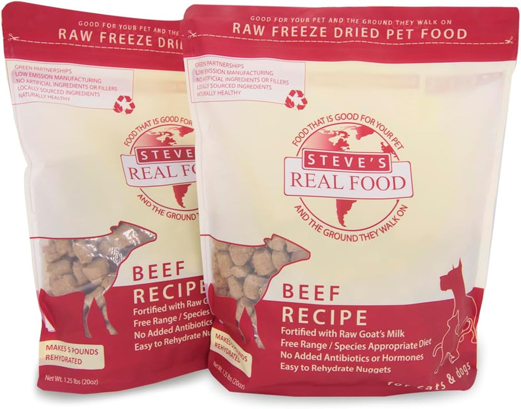 Steve’s Real Food Freeze-Dried Raw Food Diet for Dogs and Cats, 2-Pack, Beef Recipe, 1.25 lbs in each bag, Made in the USA, Pour and Serve Nuggets, Grass Fed & Free Range