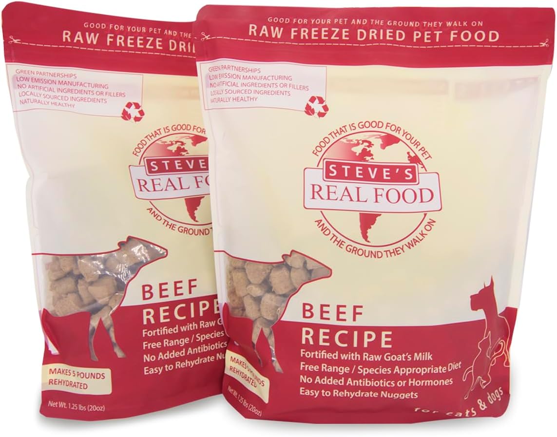 Steve’s Real Food Freeze-Dried Raw Food Diet for Dogs and Cats, 2-Pack, Beef Recipe, 1.25 lbs in each bag, Made in the USA, Pour and Serve Nuggets, Grass Fed & Free Range