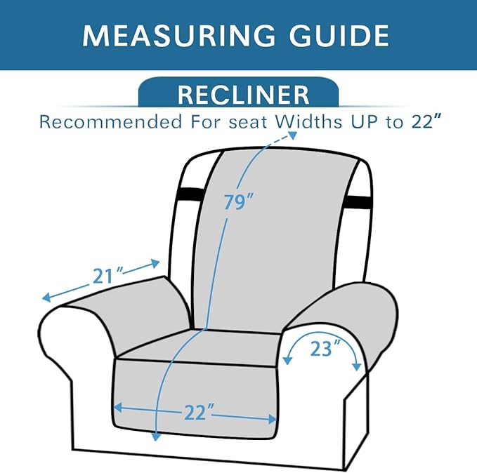 H.VERSAILTEX Reversible Quilted Recliner Covers Water Resistant Furniture Protector for Reclienr Chair with Elastic Straps for Pets Kids Sitting Width Up to 22"(Recliner, Black/Grey)